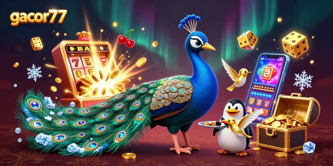 Gacor77 menghadirkan gambar menakjubkan dengan merak berkilau, mesin slot jackpot, dan limbah emas.