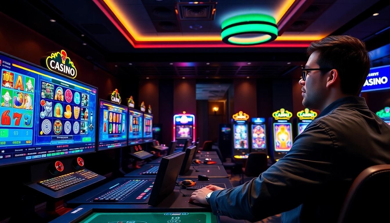 Casino spielen online in einer modernen Gaming-Umgebung mit mehreren Bildschirmen und lebendigen Slot-Spielen.