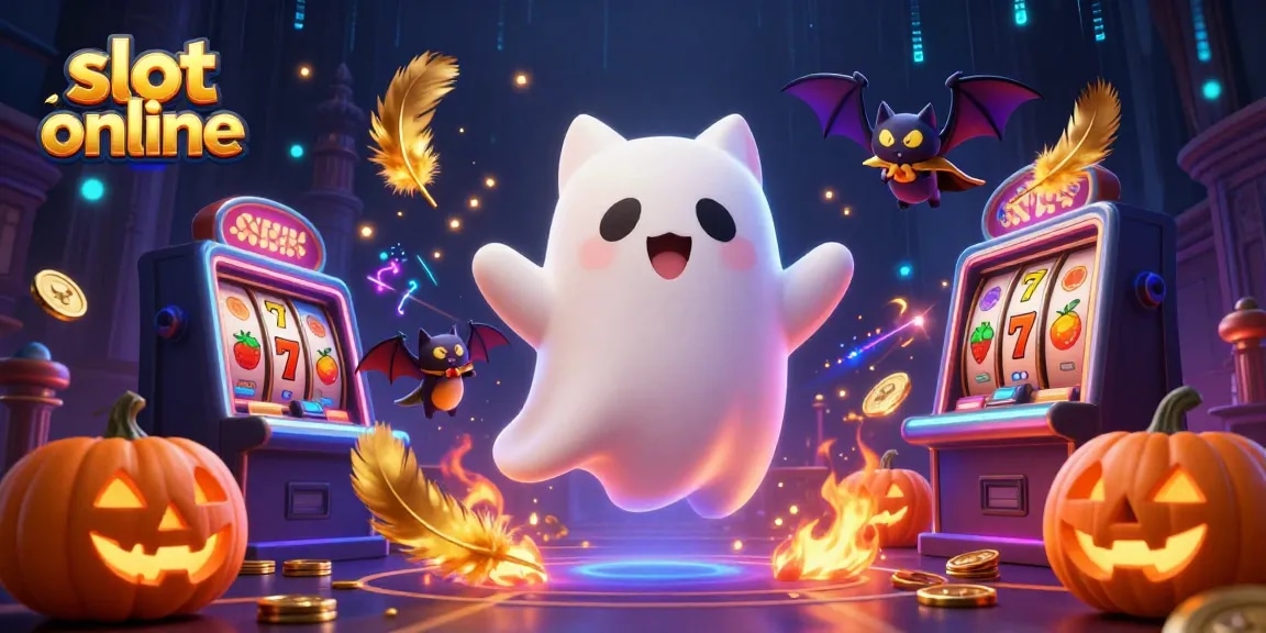 Slot online dipenuhi slot reel dan karakter yang berinteraksi, menampilkan kucing hantu dan kelelawar.