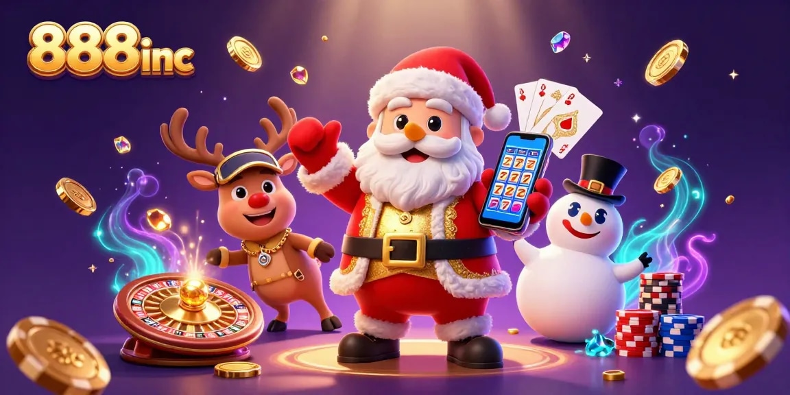 Experience big wins with 888inc in this energetic casino illustration with Santa and his friends.
