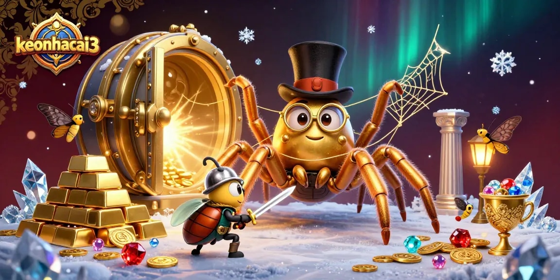Engaging cartoon scene of keonhacai3 with a golden tarantula, beetle knight, and captivating casino elements.
