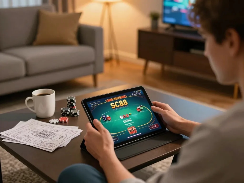Experience SC88 online gaming with a focused player at a cozy setup, engaging in casino action