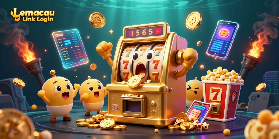 Experience the excitement with Lemacau Link Login as a shocked slot machine wins a jackpot amidst dynamic casino elements.