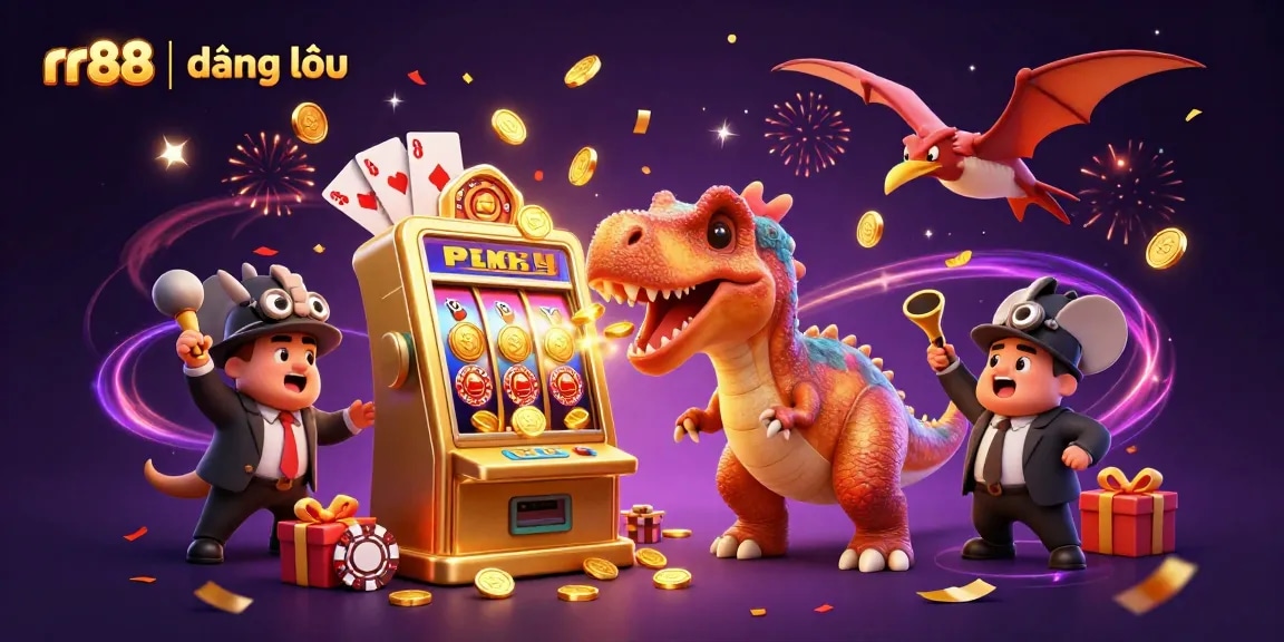 Experience thrilling rr88 | đăng nhập as a cartoon pachycephalosaurus wins coins at a golden slot machine.