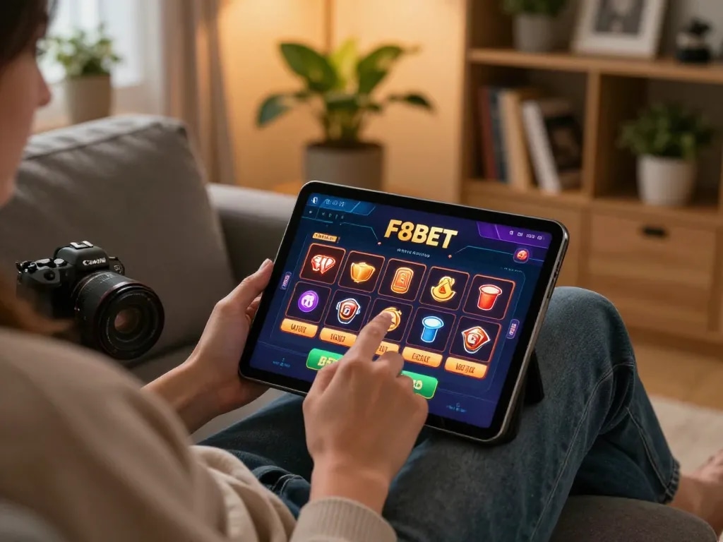 Experience F8BET casino gaming from home on a tablet, highlighting strategic gameplay ambiance.
