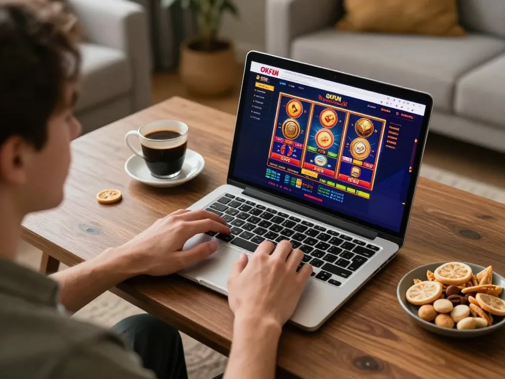 Engaging with OKFUN online casino while enjoying a cozy home setup during gameplay.