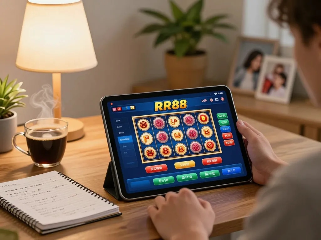 Engaging with the RR88 casino app on a tablet, showcasing home gaming strategy.