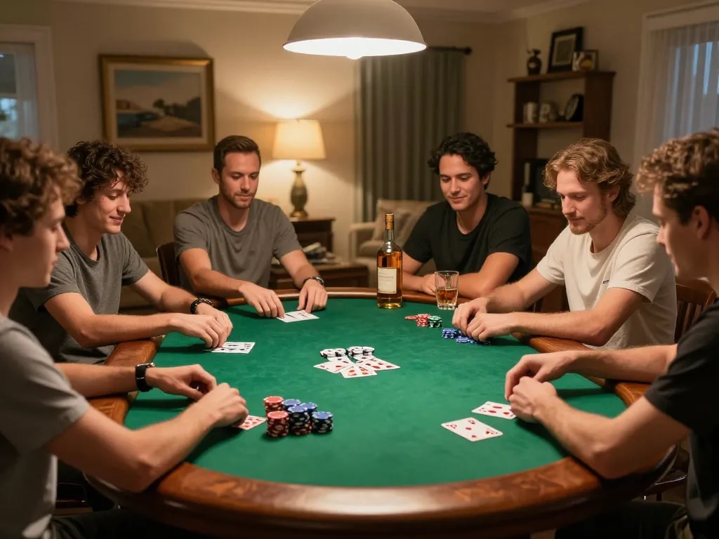 PUB88 poker night with friends enjoying an intense game at the table, showcasing competitive gameplay and camaraderie.