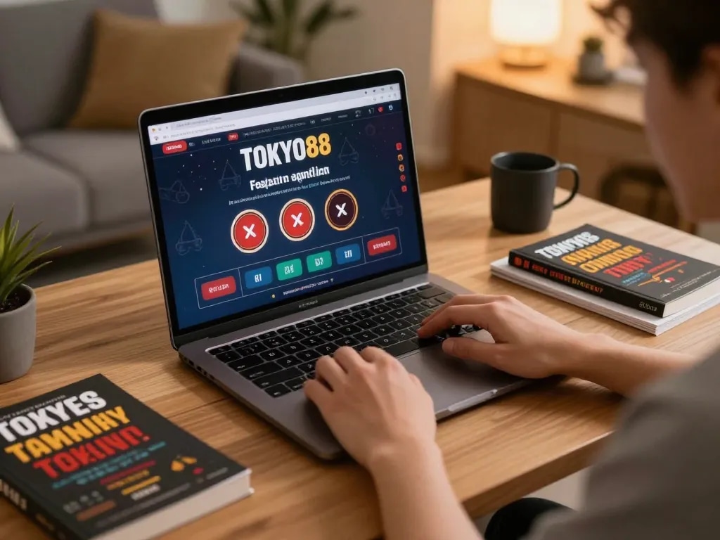 Pengaturan permainan online TOKYO88 yang menunjukkan laptop dengan antarmuka kasino dan catatan strategis