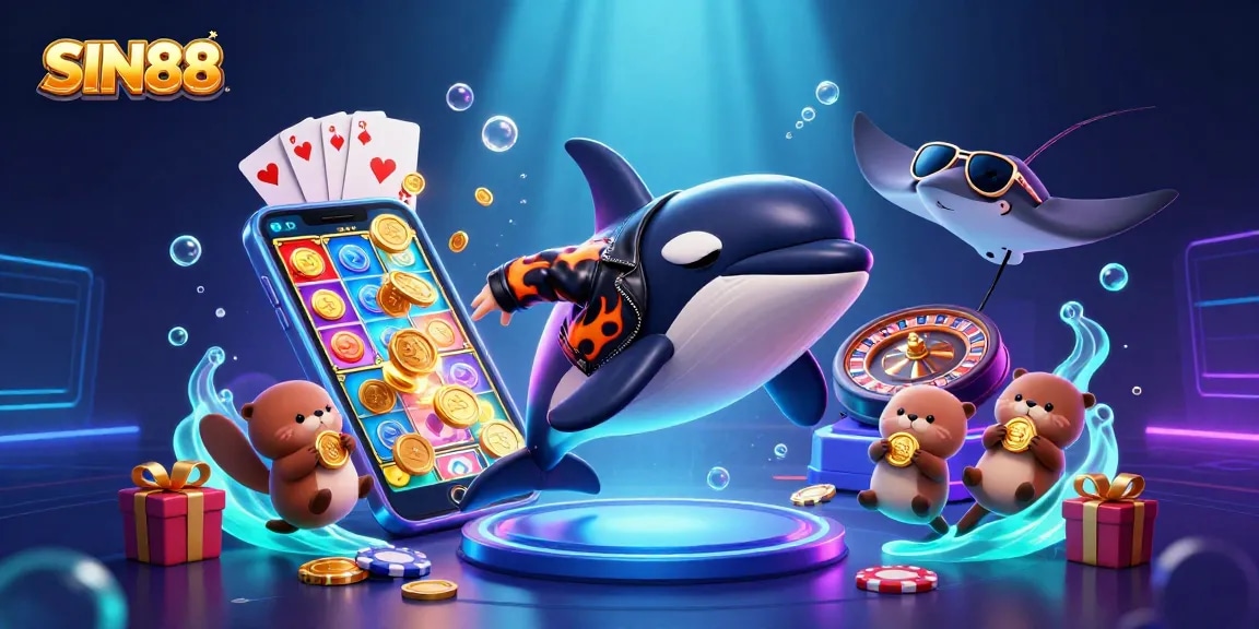 SIN88 slots come alive with an orca, stingray, and otters, celebrating wins among gold coins.