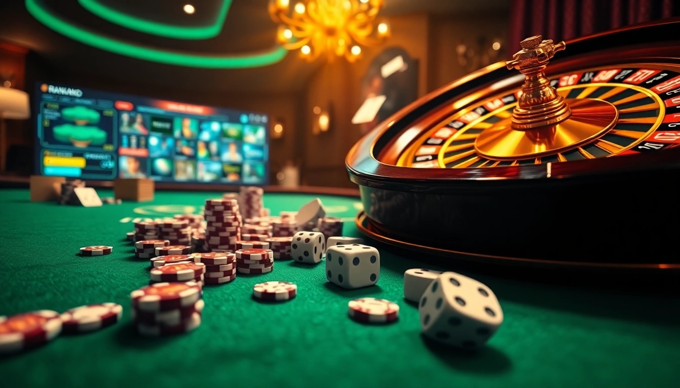 Exciting scene of TRANG GAME B8 featuring poker chips and a roulette wheel in a luxurious casino.