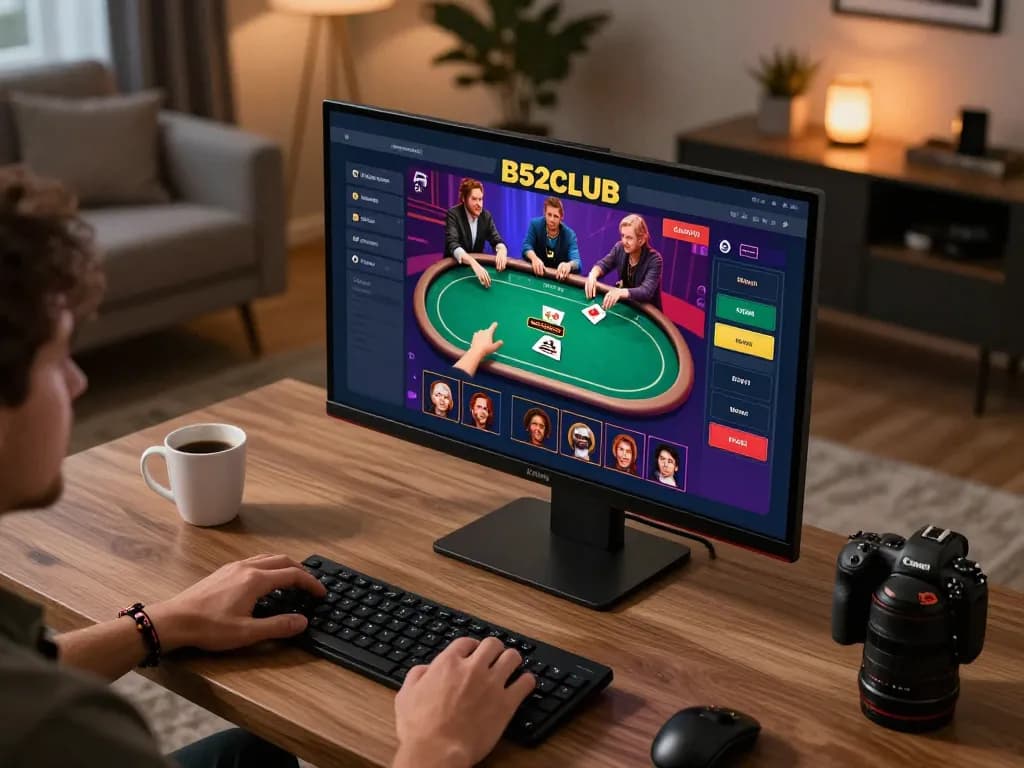 B52club player engaged in a vibrant online poker game, showcasing excitement and strategy in a cozy setup.