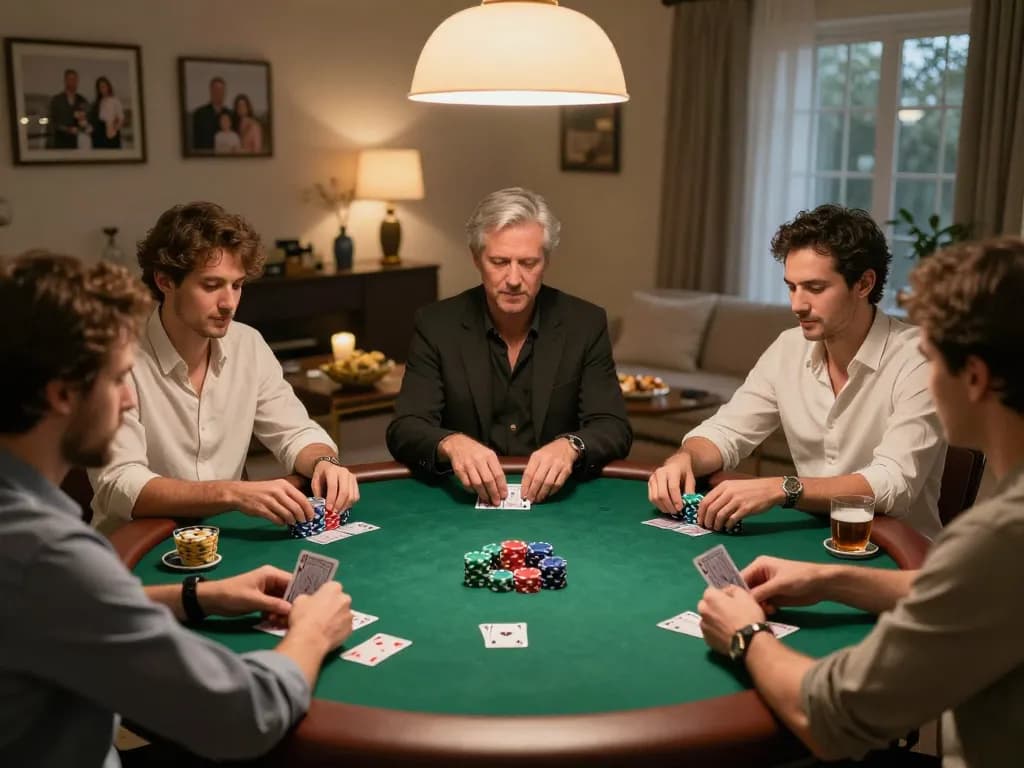 Sunwin poker players engaging in a friendly home game, vibrant chips and cards in play