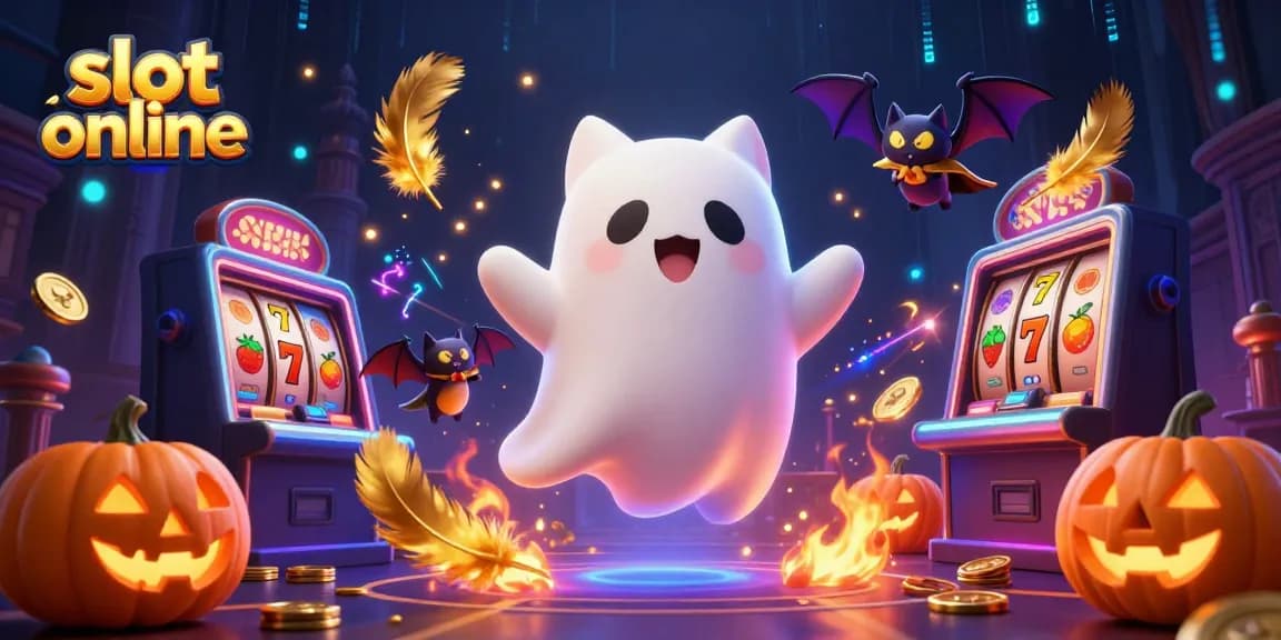 Slot online dipenuhi slot reel dan karakter yang berinteraksi, menampilkan kucing hantu dan kelelawar.