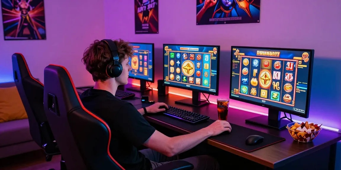Player enjoying bonus buy slots uk in a vibrant home gaming setup with illuminated screens.