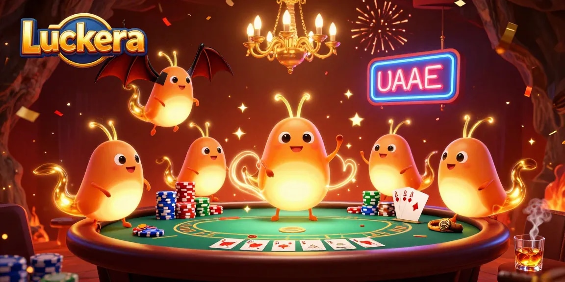 Luckera illuminates a vibrant cave casino scene with glowworms and a bat dealer at a poker table.