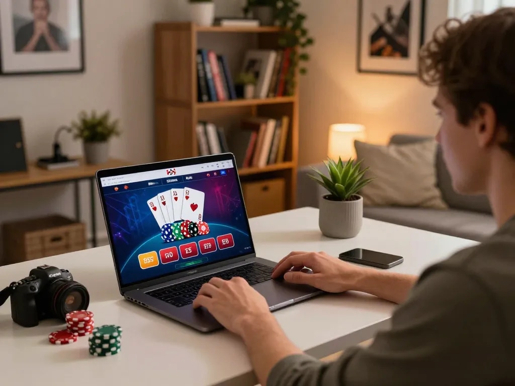 Engaging in Canada online casinos on a laptop at home, showcasing poker gameplay with vibrant interface