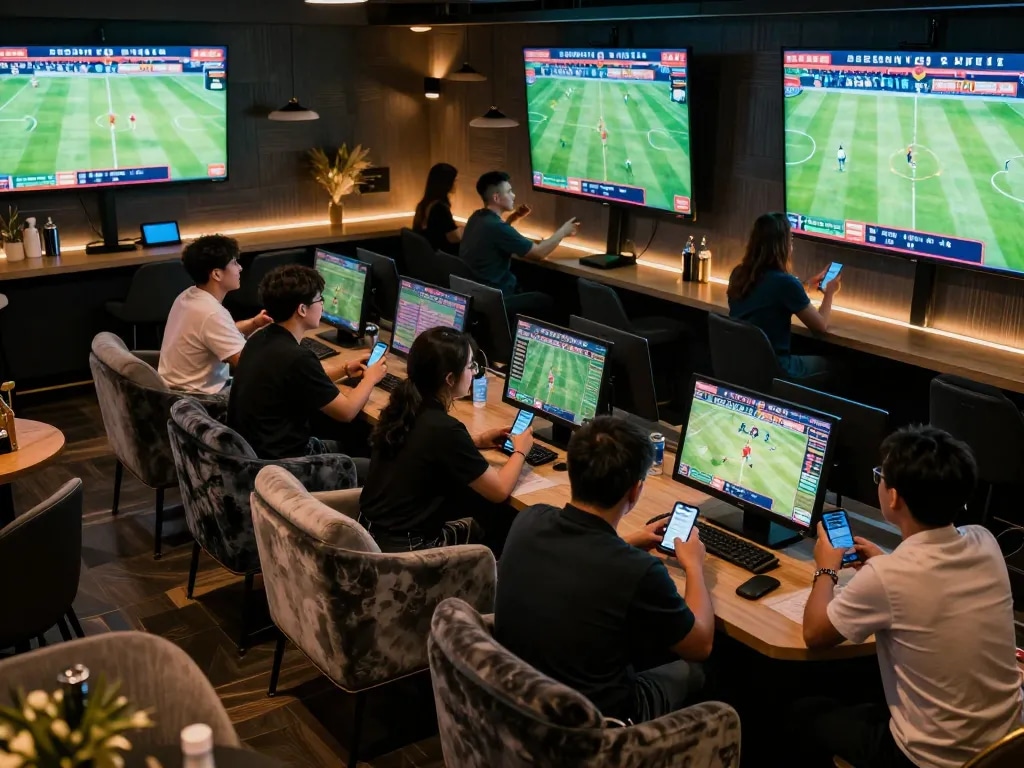 Soi kèo nhà cái hôm nay with enthusiastic bettors analyzing odds at a modern sports betting lounge