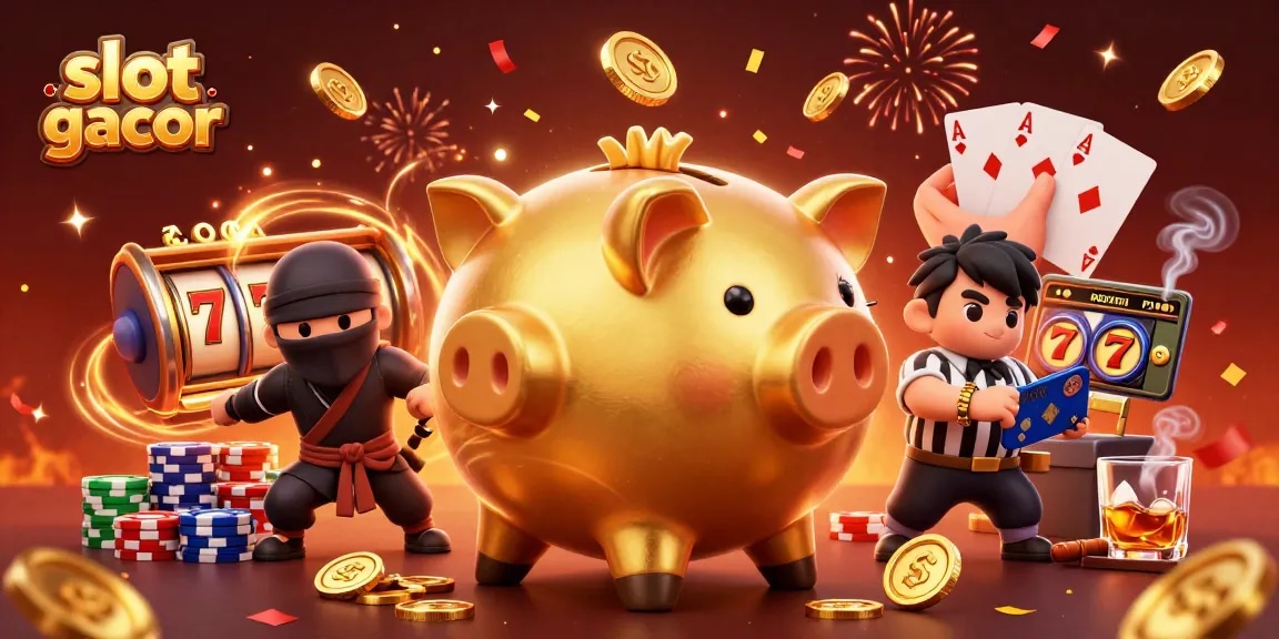Engage with slot gacor in a dynamic casino scene featuring a golden piggy bank sumo wrestler and vibrant poker elements.