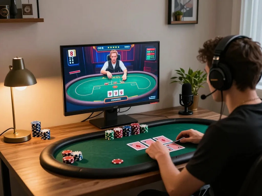 Engaged player enjoying Juraganbet88 online gaming with live dealer on screen