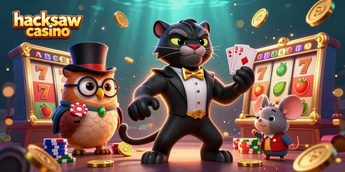 Engage with the hacksaw casino experience featuring cartoon characters in a vibrant 3D casino setting.