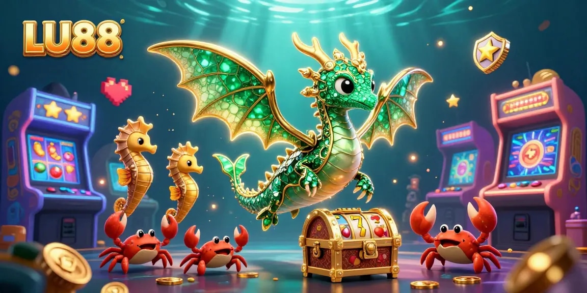 LU88 spins slot reels and gaming excitement in a vibrant underwater scene with a dragon and treasure.