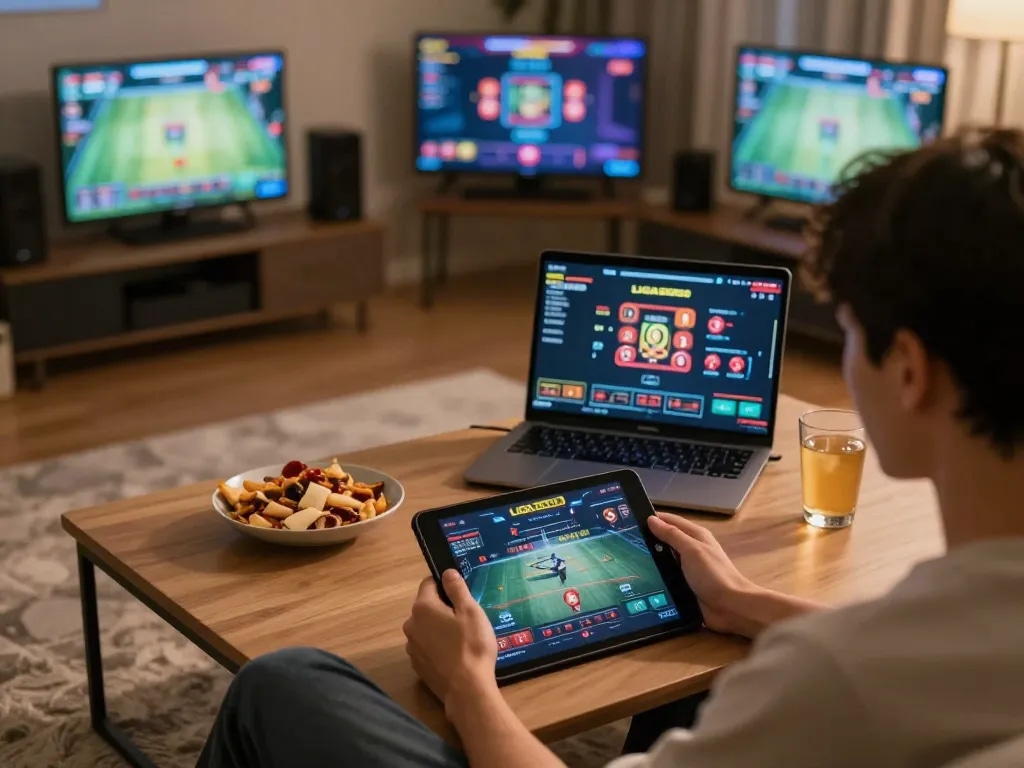 LIGA2000 online gaming session with a player focused on tablet in a cozy atmosphere