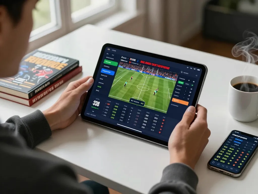 Engaging tablet betting scene showcasing vk88 sports betting app with real-time odds and user-friendly interface.