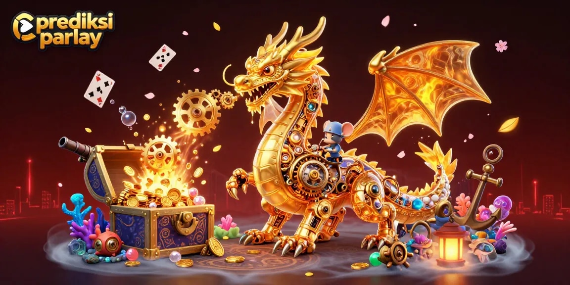 Engage in exciting prediksi parlay insights with energetic dragon and dynamic casino elements in a 3D illustration.