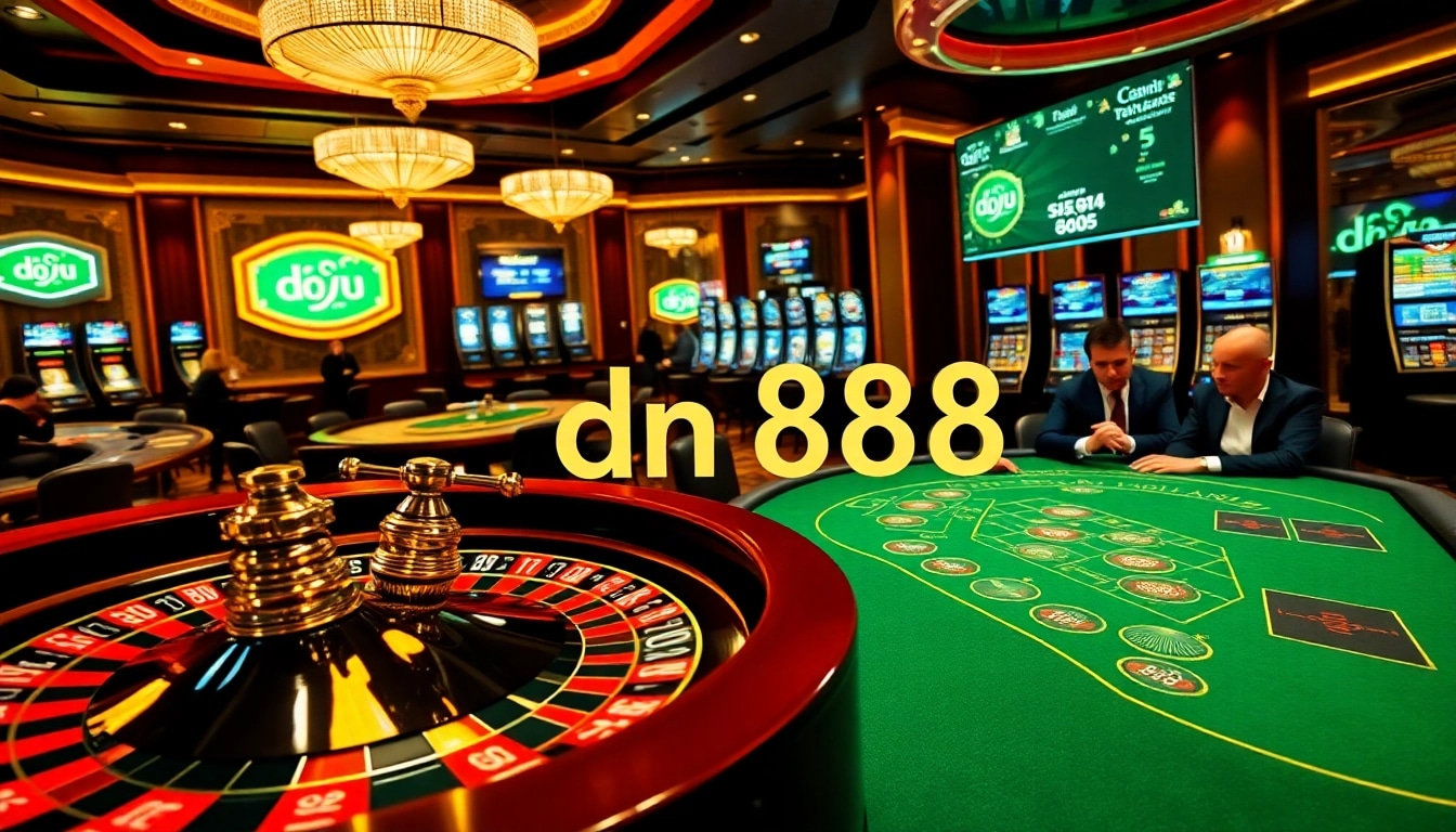 Experience thrilling gameplay at dn 888 with a vibrant casino scene showcasing roulette, poker tables, and slot machines.