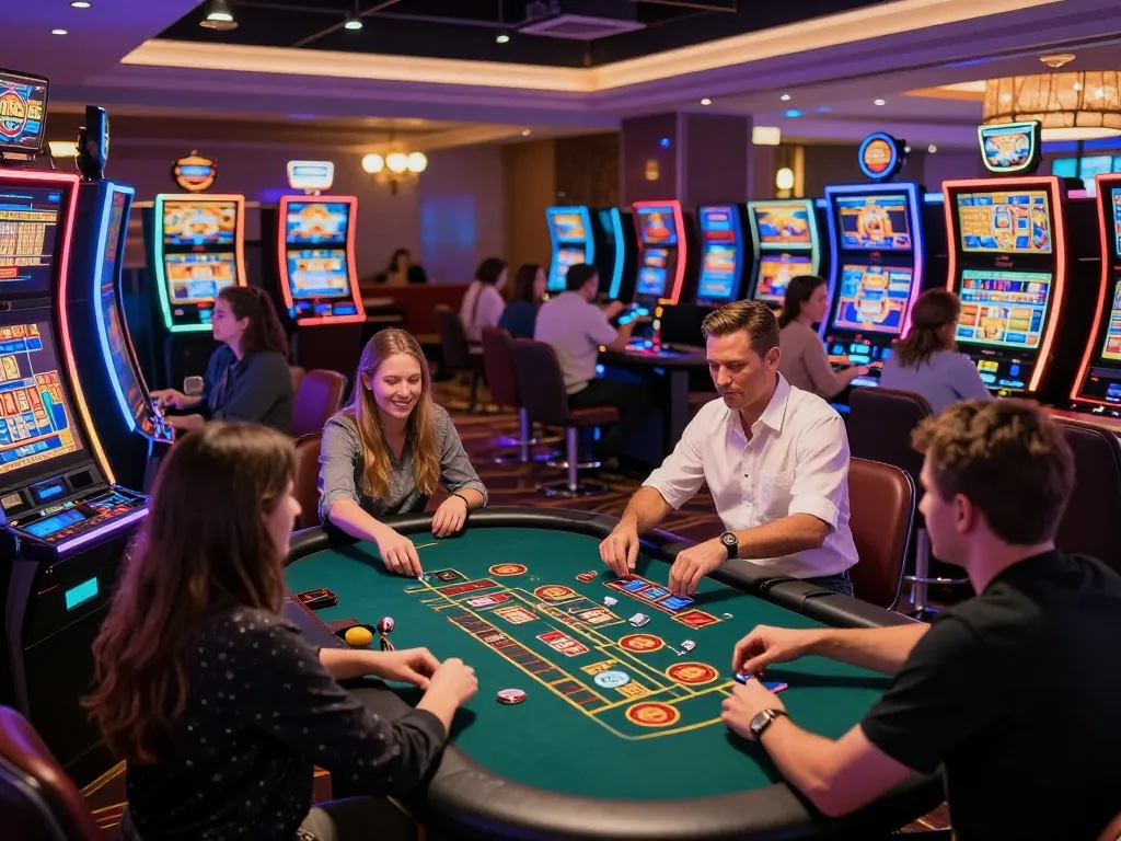 Players enjoying exciting slot777 games in a vibrant casino atmosphere, showcasing thrilling action and colorful lights