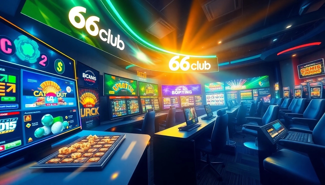 Experience the dynamic gaming world of 66club with vibrant casino games and sports betting interfaces.