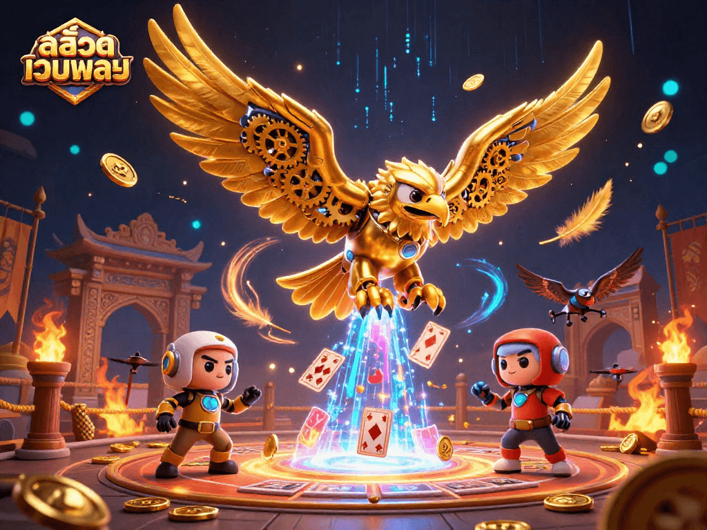 Engage in สล็อตเว็บตรง with a dynamic scene featuring a golden eagle and holographic cards, capturing the excitement.