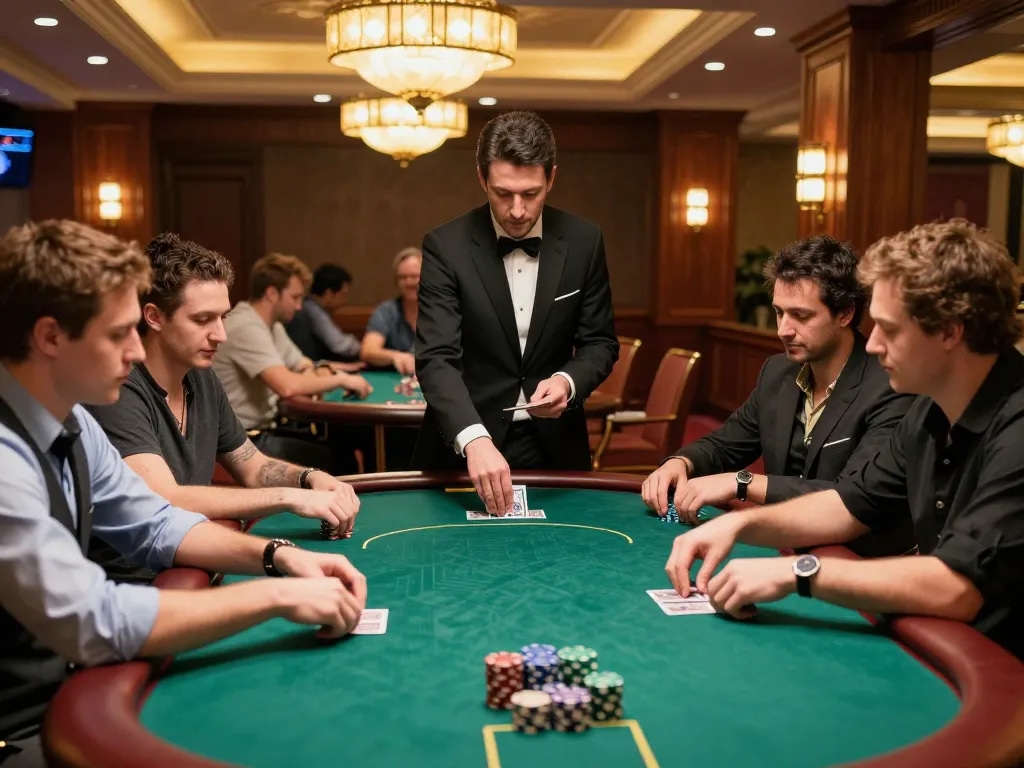 Bl555 players engaged in an intense poker game at a luxury casino table, showcasing strategic gameplay.