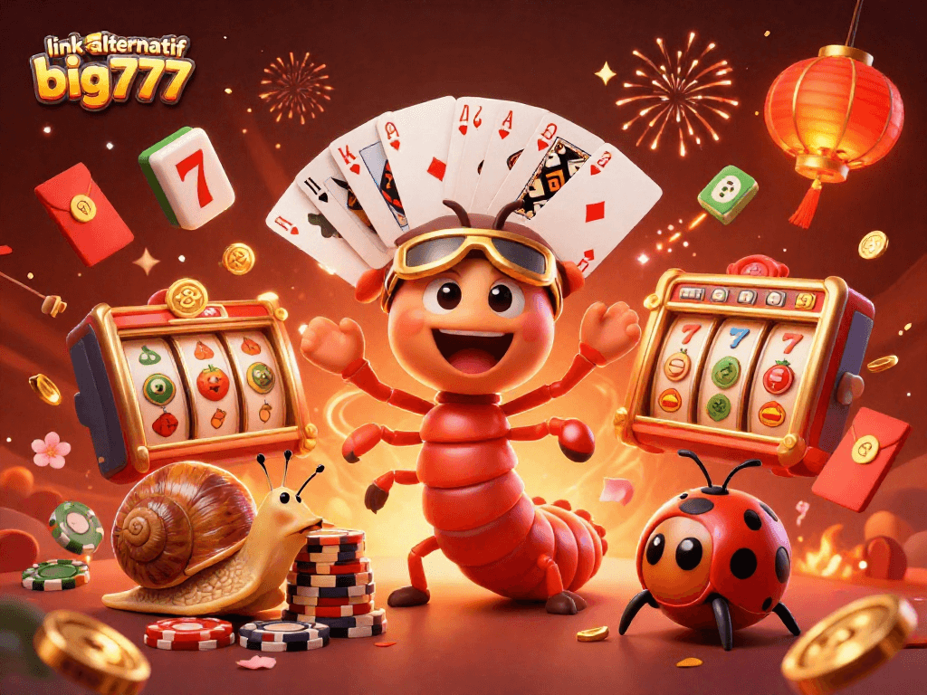 Engage with link alternatif big777 in a vibrant 3D casino scene bursting with festive elements and playful characters.