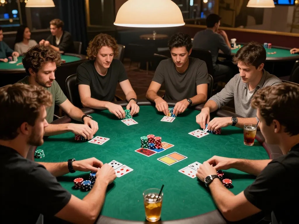 Players enjoying a vibrant poker game at LC88, showcasing colorful chips and strategic interactions.