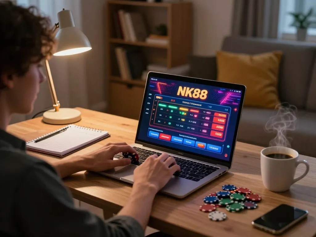 Player engaging with NK88 online gaming app on laptop at home, showcasing a cozy atmosphere and strategic focus.