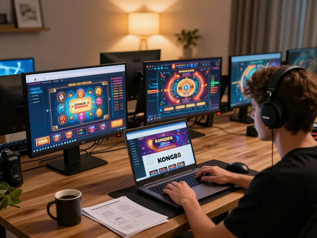 KONG88 player engaging in strategic online casino gaming on laptop with vibrant interface