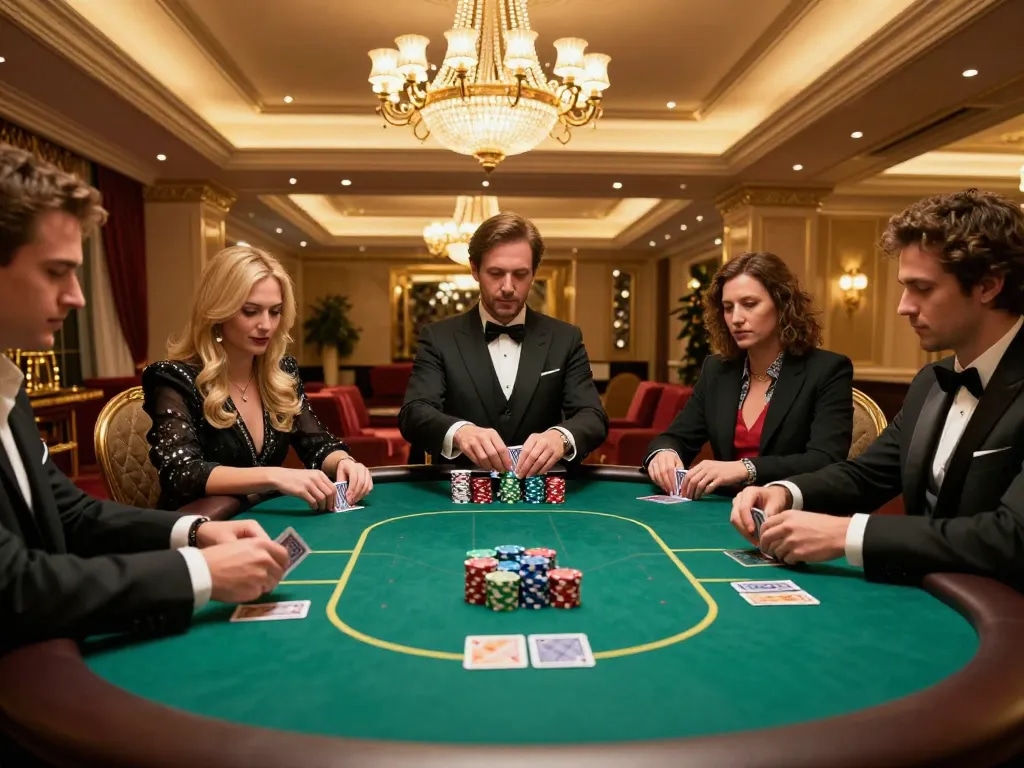 IWIN CLUB high-stakes poker game in elegant high-roller room, players focused on cards with vibrant chip stacks