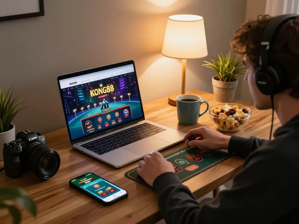 KONG88 online casino gameplay action on a modern desk setup with laptop and smartphone