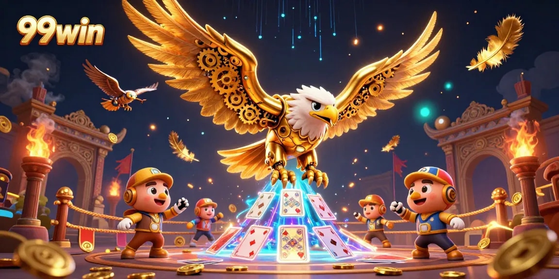 Experience the thrill of 99win with a cybernetic golden eagle diving through holographic cards.