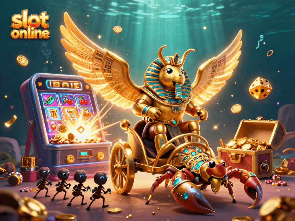 Engage with slot online through a vibrant 3D scene featuring golden beetles and jackpots