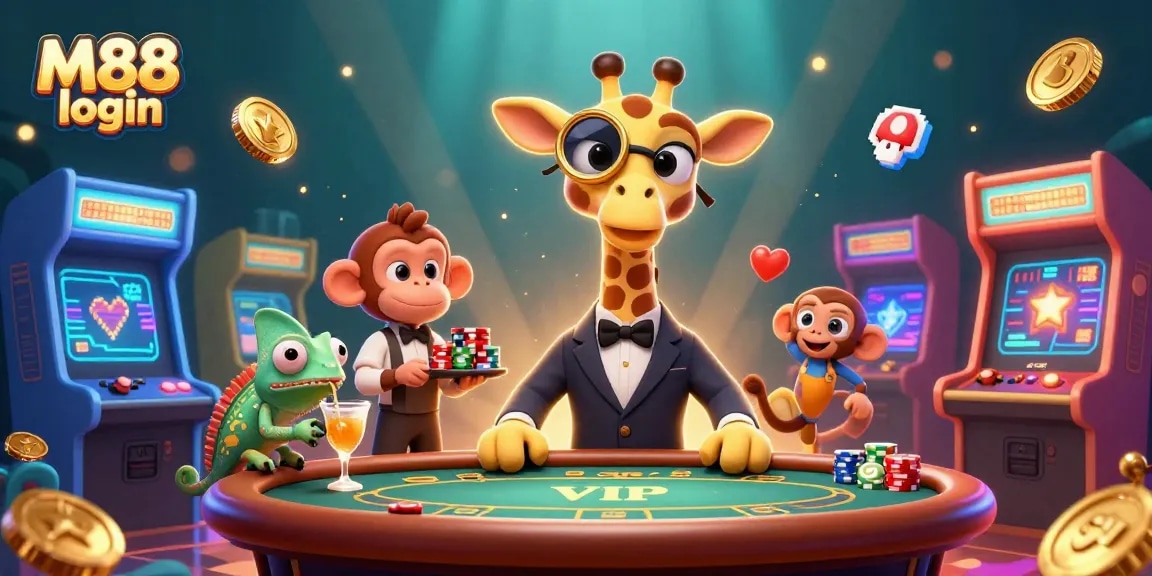 Experience M88 login with a glamorous giraffe, monkey, and chameleon in an energetic casino scene.