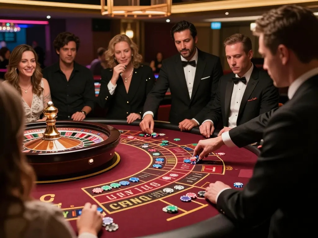 Players at du 88 roulette table eagerly watching the spinning wheel, vibrant casino atmosphere