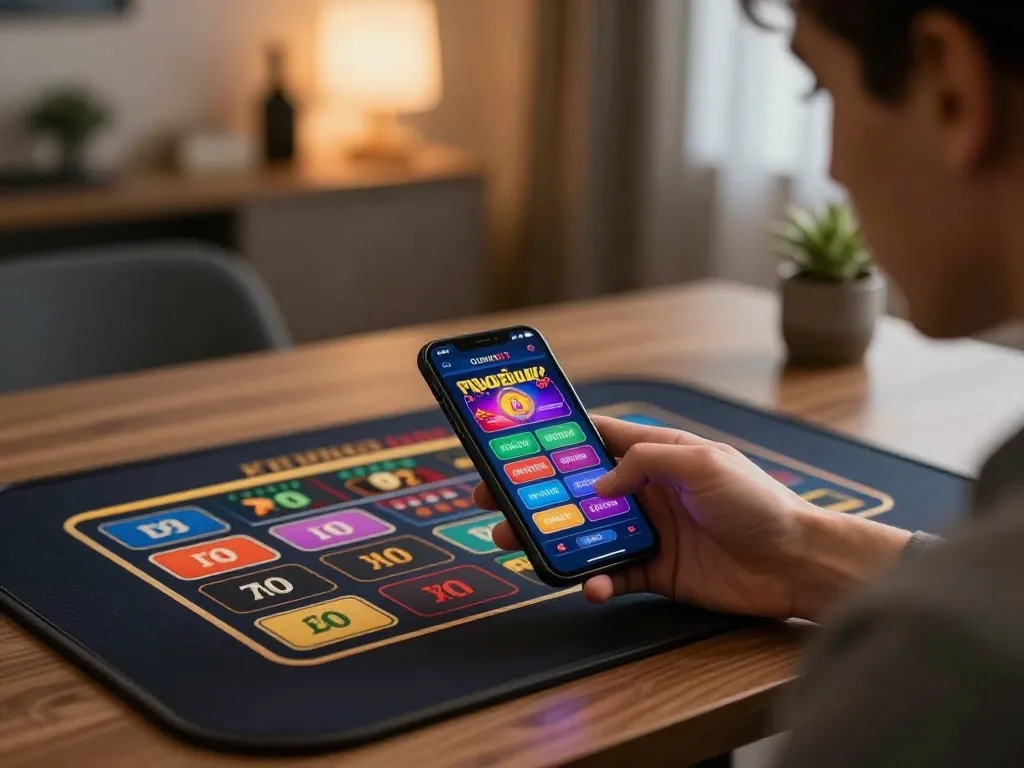 Engaging with the 789F mobile casino app, showcasing a variety of betting options in a cozy home setting.