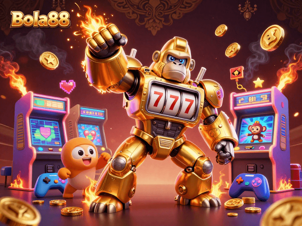 Bola88 menghadirkan keseruan permainan mesin slot dengan gorila emas robot dan banyak elemen kasino lainnya.