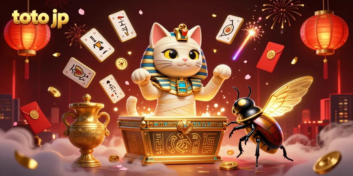 Experience the thrill of toto jp at a lively casino with a mummy cat character amidst vibrant gaming elements.