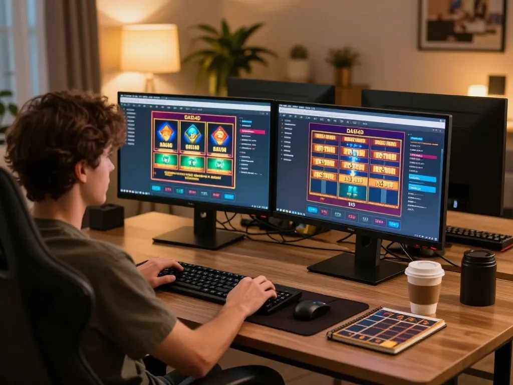 Pemain yang merencanakan strategi dengan DASI4D link alternatif di dua monitor dalam pengaturan permainan rumah yang stylish.