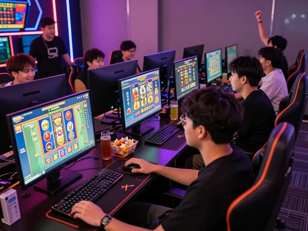 Pemain merayakan kemenangan dalam lingkungan permainan situs slot gacor online dengan layar berwarna-warni