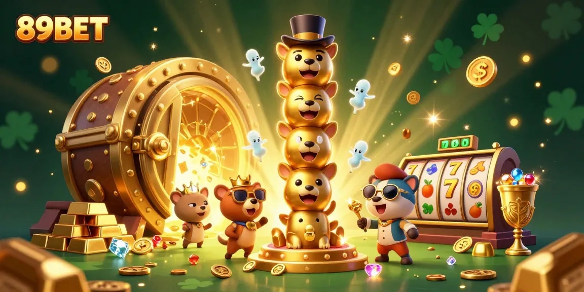 Engage with 89BET's vibrant online slots scene featuring golden treasures and dynamic characters.